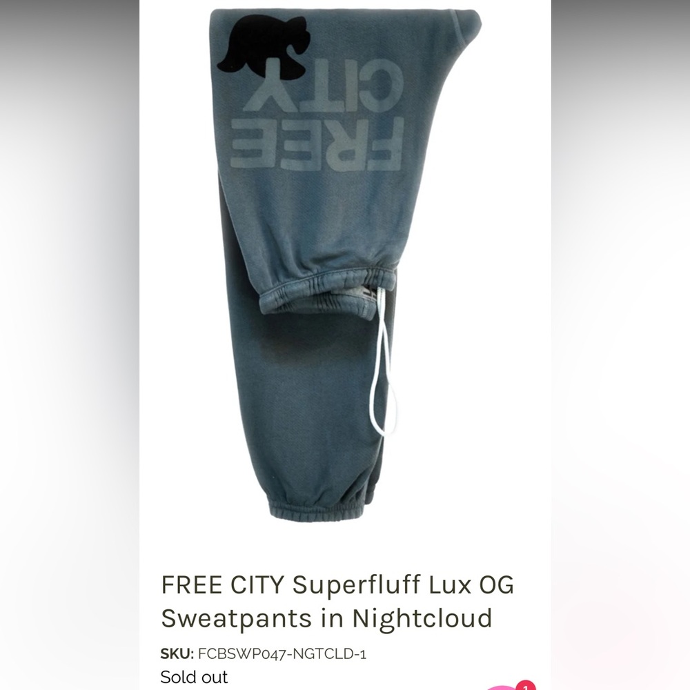 FREECITY Superfluff Luxe OG Sweatpants in sold out nightcloud color. Size S